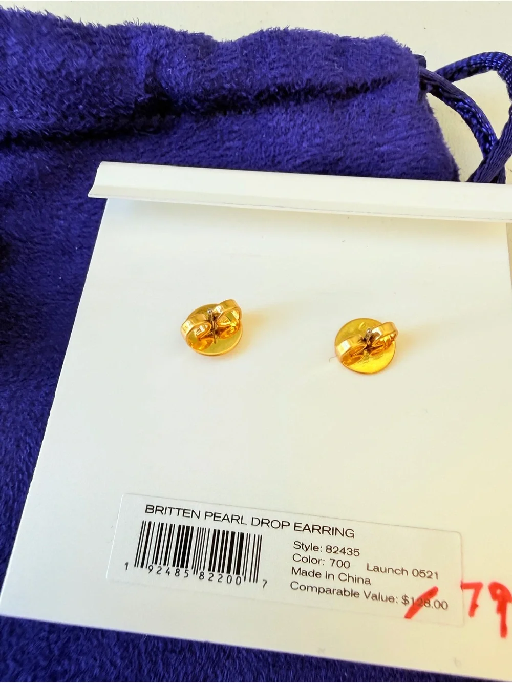 Tory Burch Britten Pearl Drop Pierced Earrings NWT